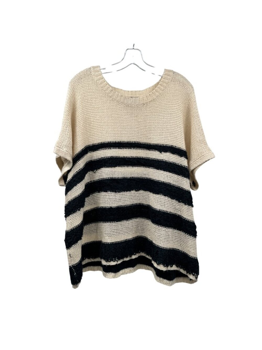 Very J Womens Oversized Open Knit Sweater Short Sleeve Tan/Navy Stripe Medium